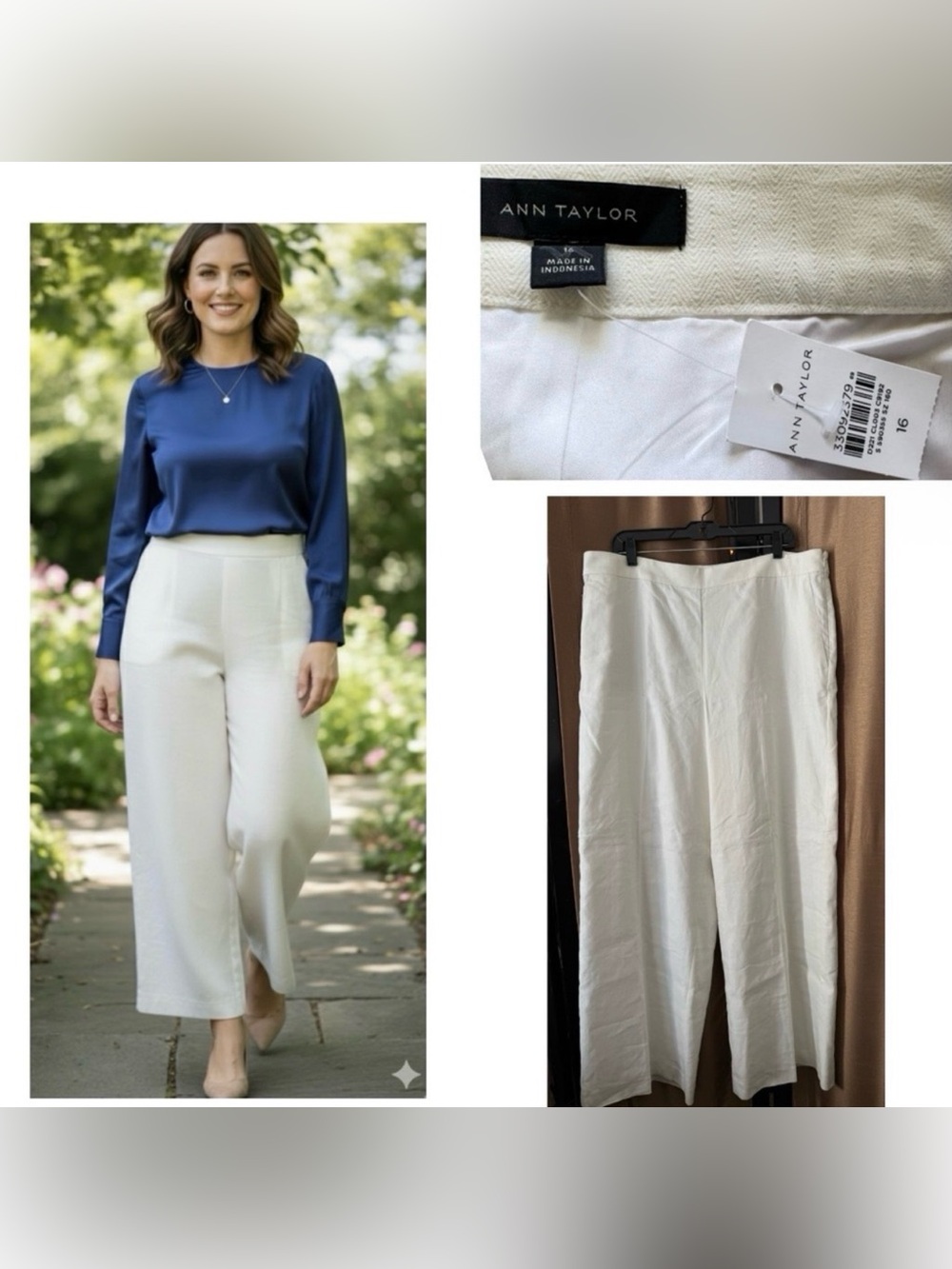 NWT Ann Taylor High-Rise‎ Wide-Leg Pants Ivory Linen Size 16